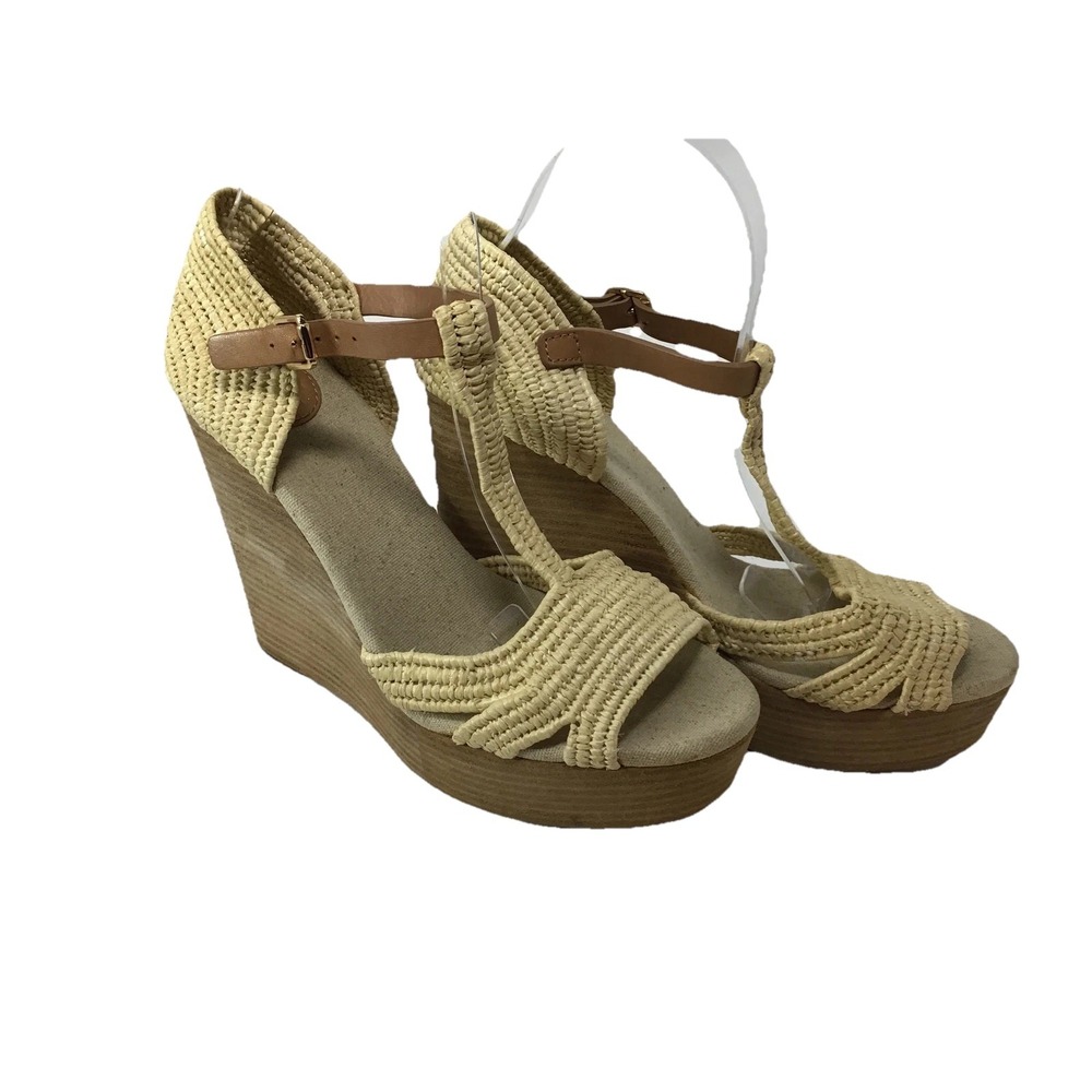 Tory Burch Carina 120mm Straw Macrame Wedge Sandal Natural Tan Biege Size 9